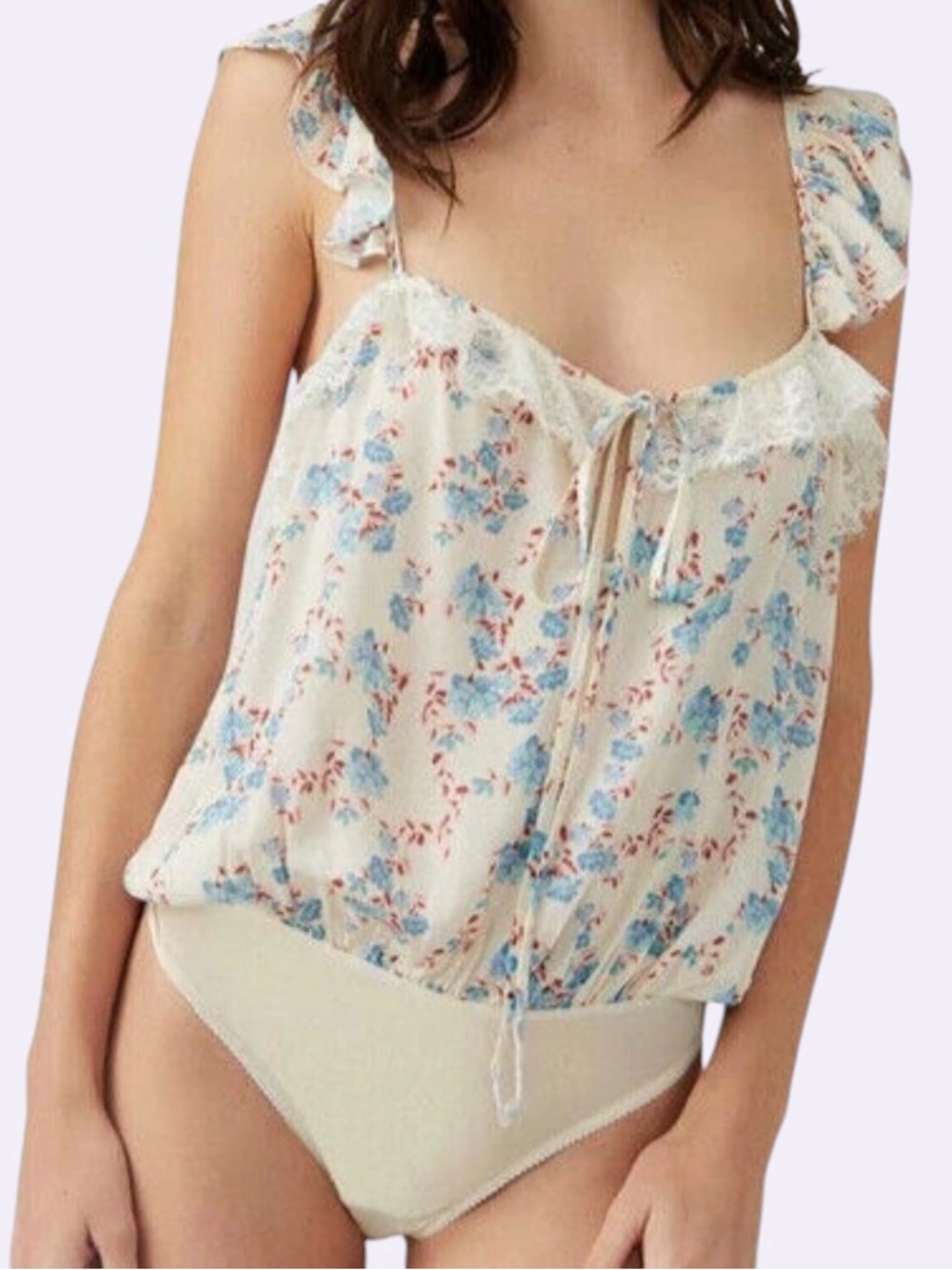 Free People Cream Floral Lace-Trim Camisole Bodysuit with Blue Flower Print
